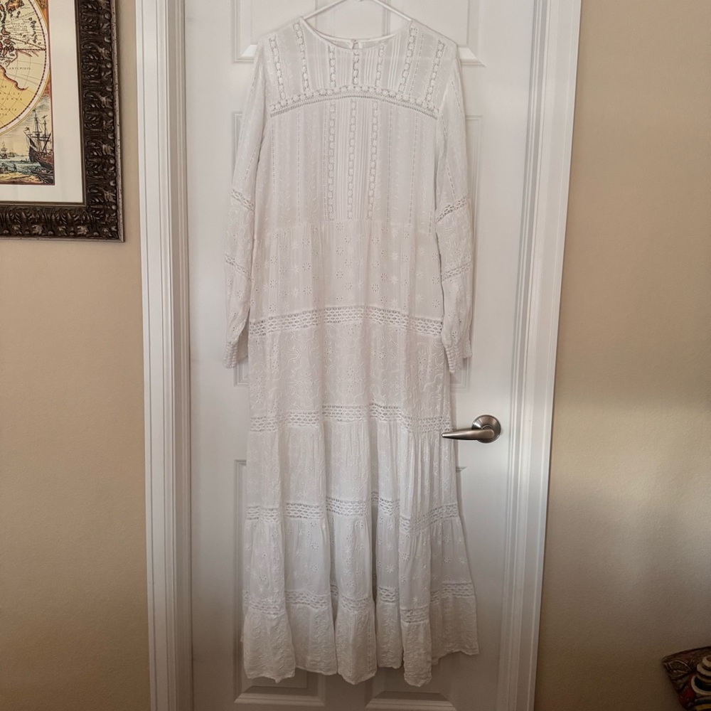 Johnny Was White Maxi Gown with Long Bishop Sleeves